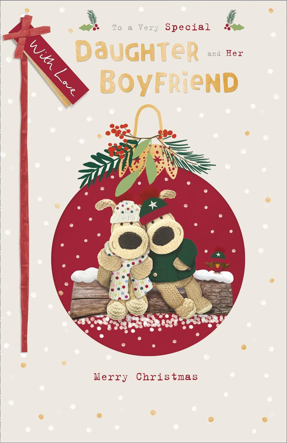 Boofles Sat On Log Daughter & Boyfriend Christmas Card