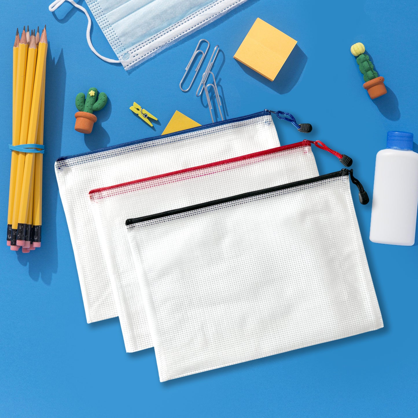 Pack of 3 Red Zip Assorted Sizes Strong Mesh Bags - A3, A4, A5 - Tough Waterproof Storage