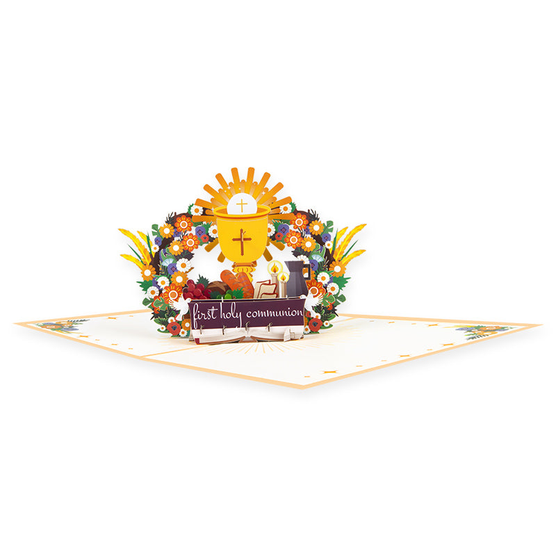 Religious Symbols & Floral First 3D Pop Up Holy Communion Card