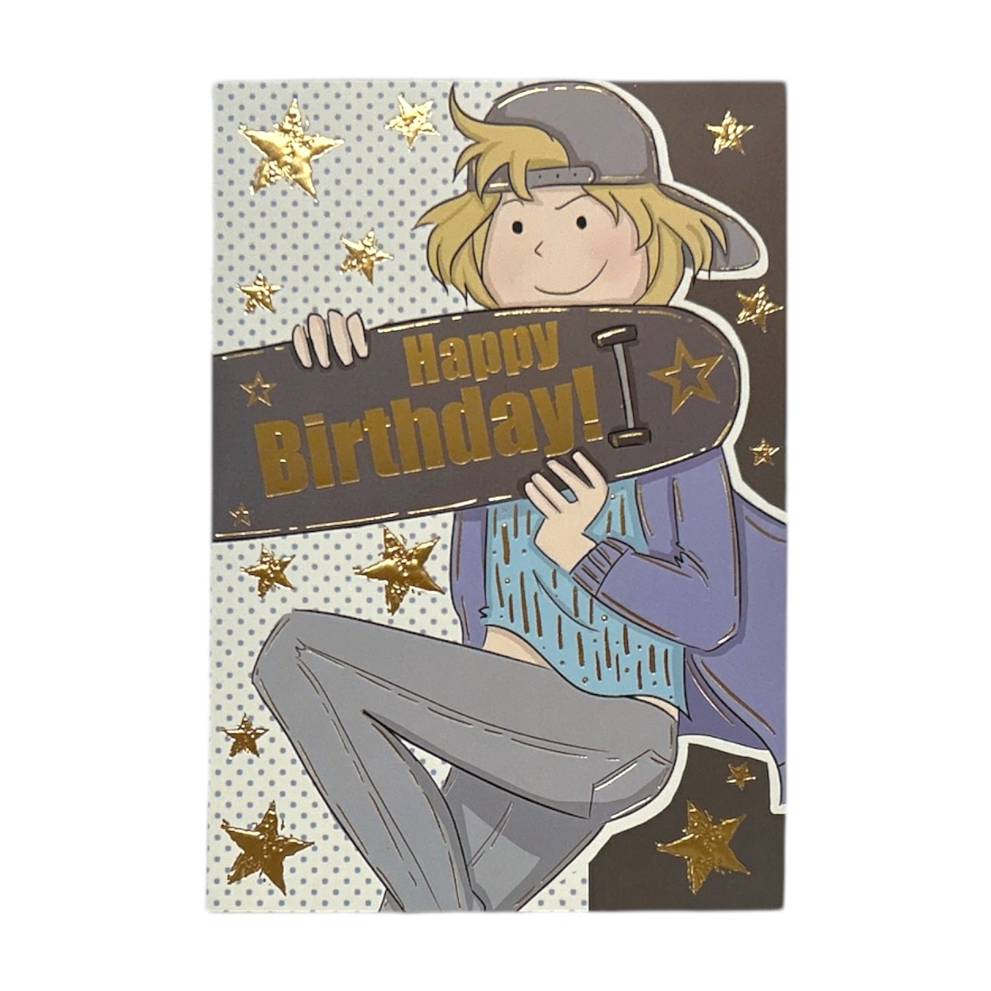 Boy With Skateboard Gold Stars Design Juvenile Open Birthday Card