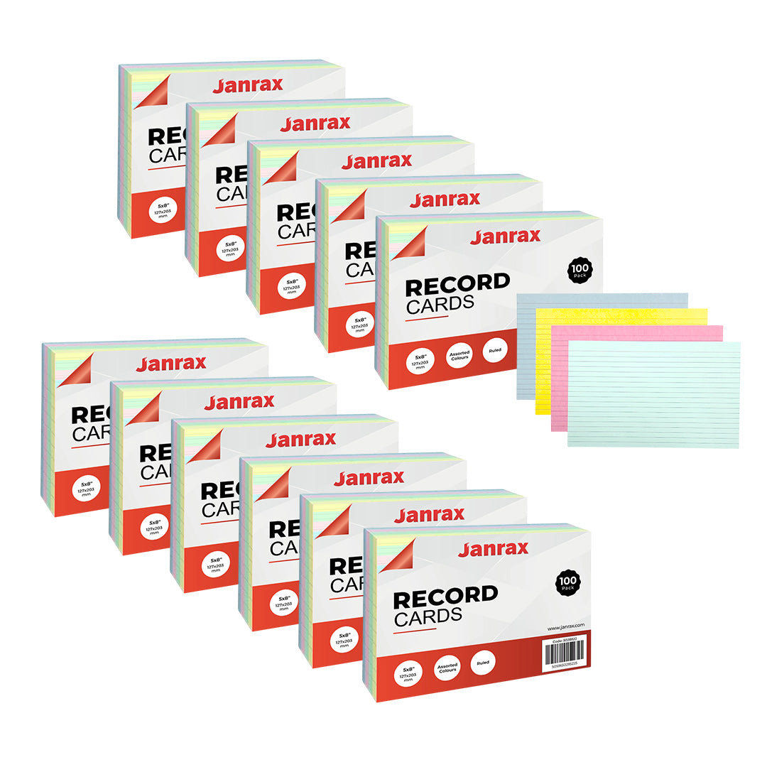 Pack of 1200 Assorted Colour Ruled 8x5" Record Cards – Lined Study Index Cards for Notes, Revision
