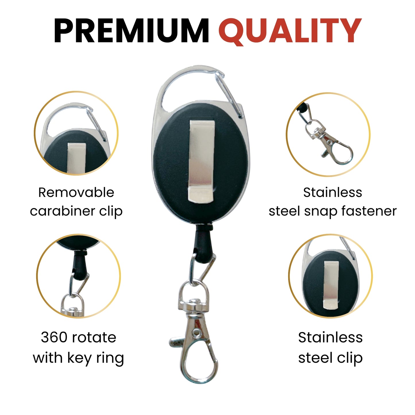 Black Solid Keyreel With Carabiner