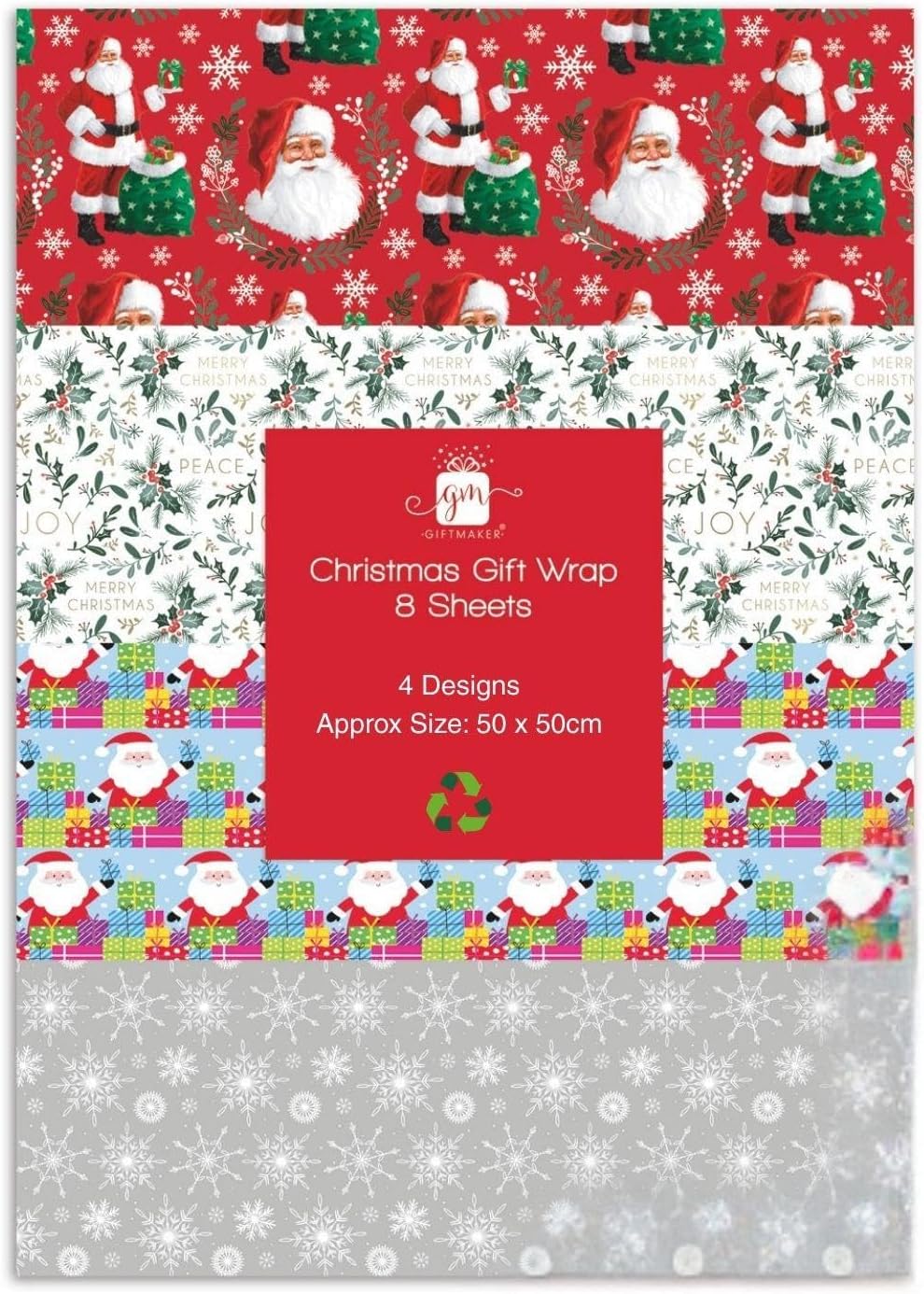 Pack of 8 Santa Snowflake Holly Christmas Gift Wrapping Paper Sheets