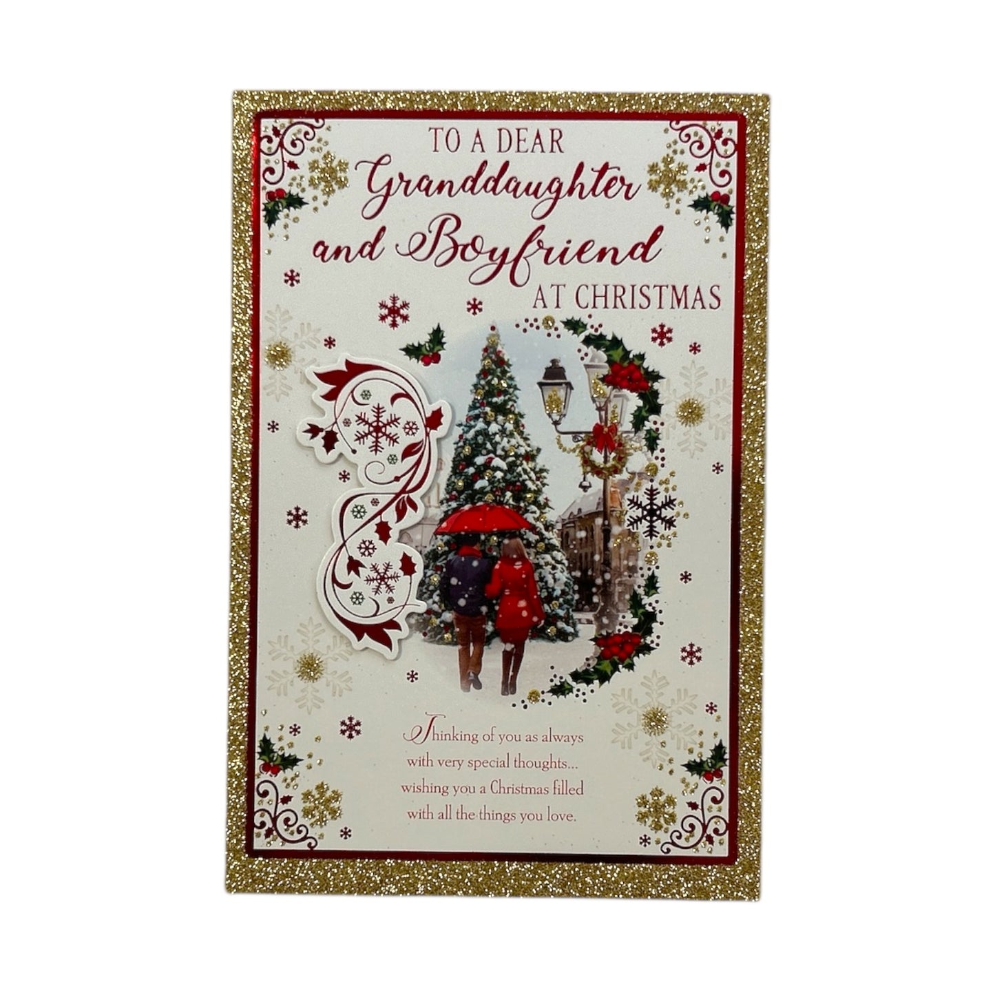 To a Dear Granddaughter and Boyfriend Snowy Village Scene Christmas Card