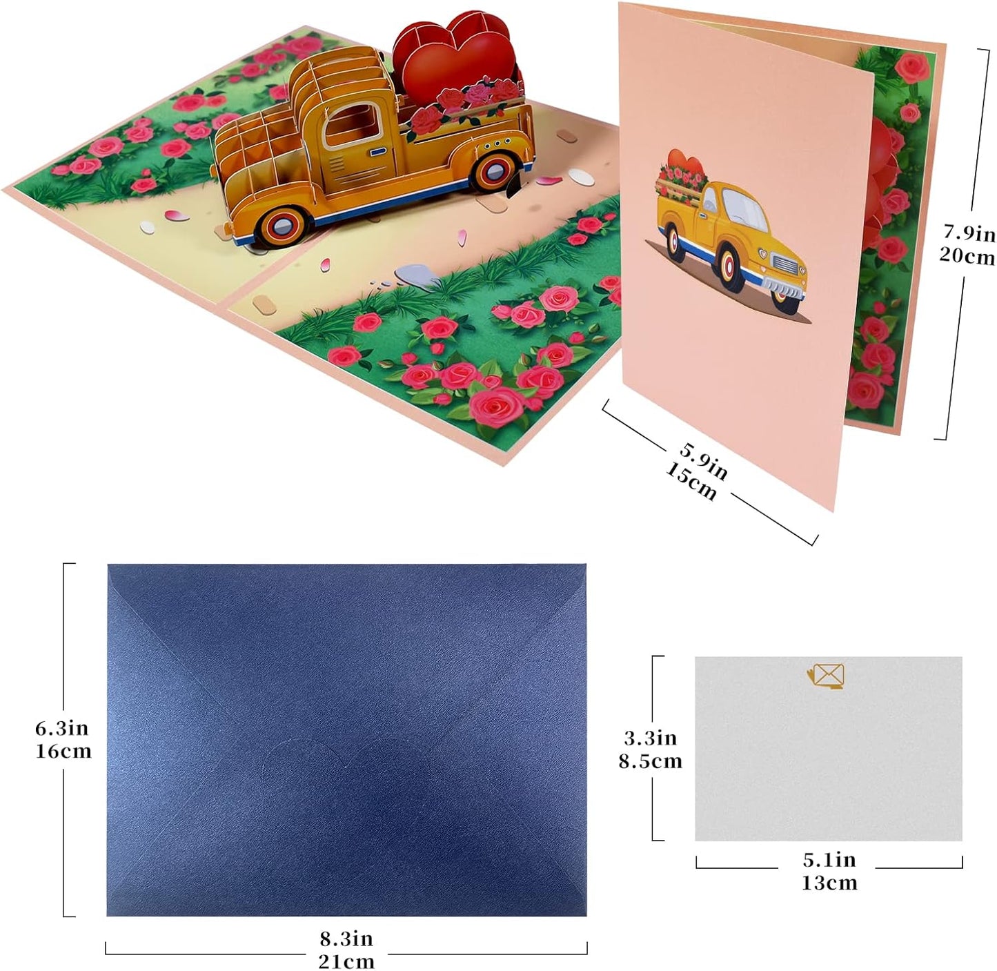 Yellow Vintage Truck with Heart and Roses 3D Pop Up Greeting Card