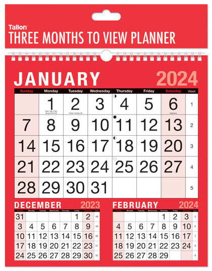 Single 2024 Three Month To View Calendar