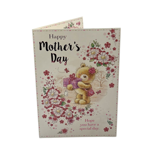 Teddy Wearing Flower and Holding Gift Mother's Day Card