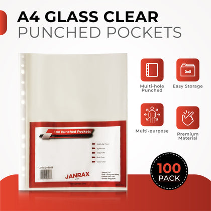 Pack of 100 A4 Glass Clear Punched Pockets by Janrax