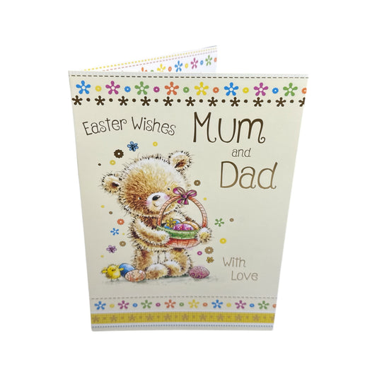 For Mum And Dad Cute Teddy Holding Egg Basket Design Easter Card