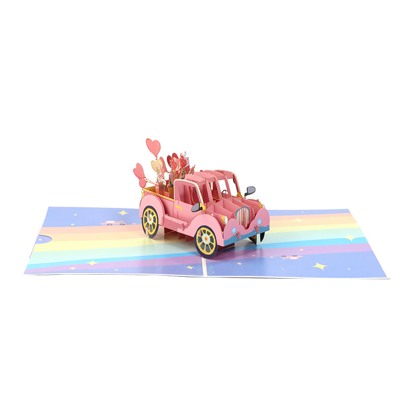 Love Express Pink Car 3D Pop Up Greeting Card - Wedding Valentine's Day Anniversary 