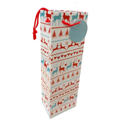Pack of 12 Patterned Reindeer Design Bottle Size Christmas Gift Bags