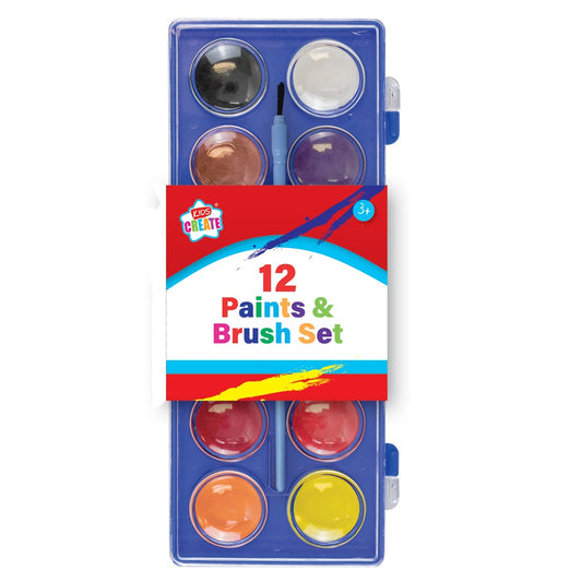 Pack of 12 Watercolour Paints & Brush