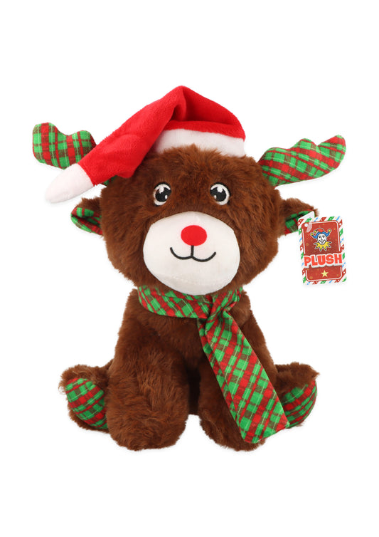 Pack of 3 Christmas Reindeer in Santa Hat Plushie (9″/23cm) - Festive Cute Xmas Decoration Gift Holiday Celebrations