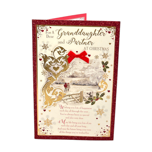 For a Dear Granddaughter and Partner Couple Walking in Winter Wonderland Design Christmas Card