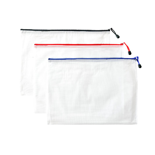 Pack of 3 A3 Assorted Coloured Strong Mesh Bags - Black, Blue, Red - Tough Waterproof Storage