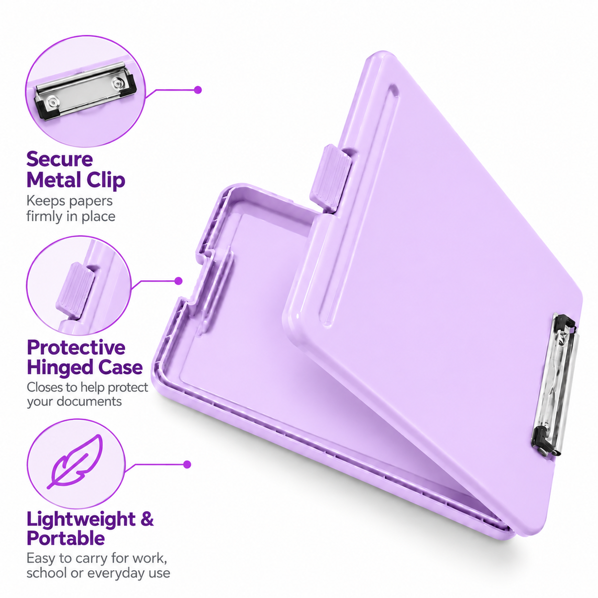 Pack of 5 A4 Pastel Purple Plastic Clipboard Box File - Storage Filing Case