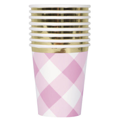 Pack of 8 Pink Gingham 1st Birthday 9oz Paper Cups
