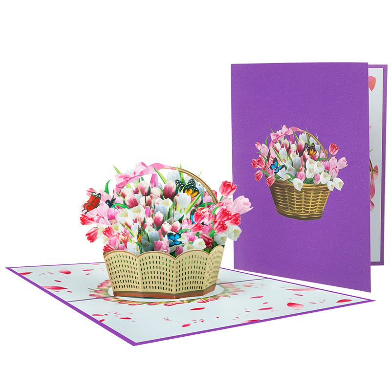 Blooming Elegance Tulip Basket 3D Pop Up Greeting Card