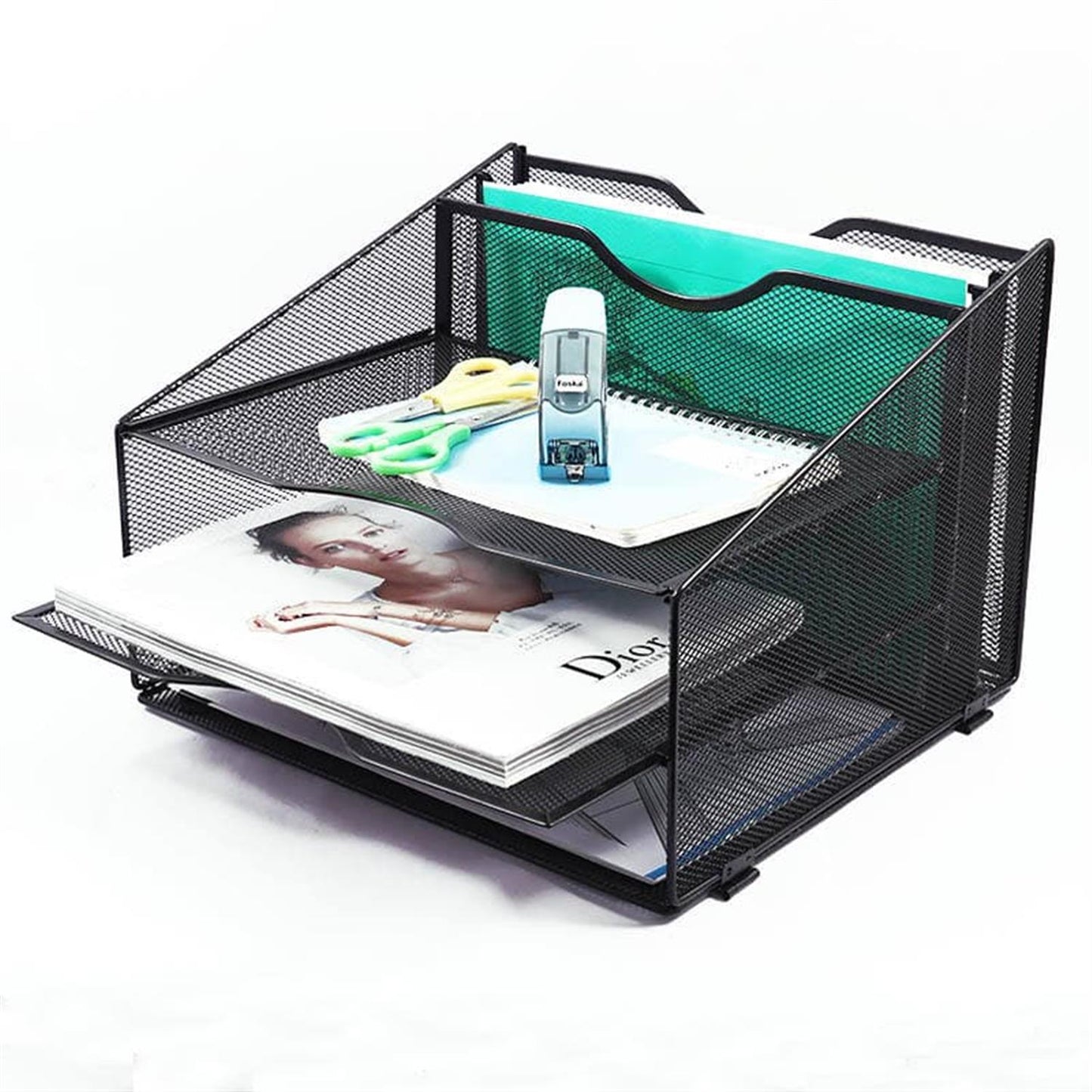 3 Letter Trays and 2 Vertical Sections Black Metal Desk Organizer