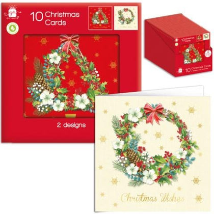 Pack of 10 Tree & Wreath Design Square Christmas Cards