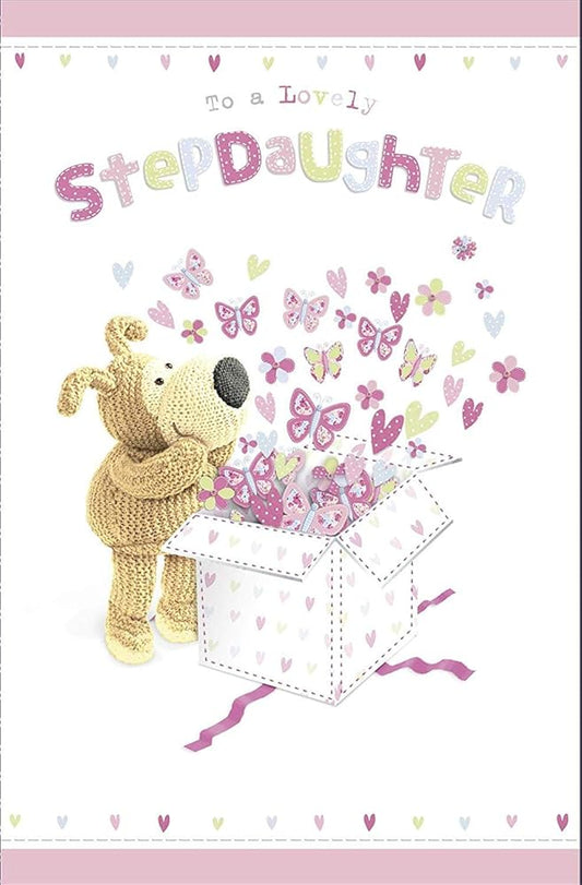 Boofle with Gift Box Lovely Stepdaughter Birthday Card