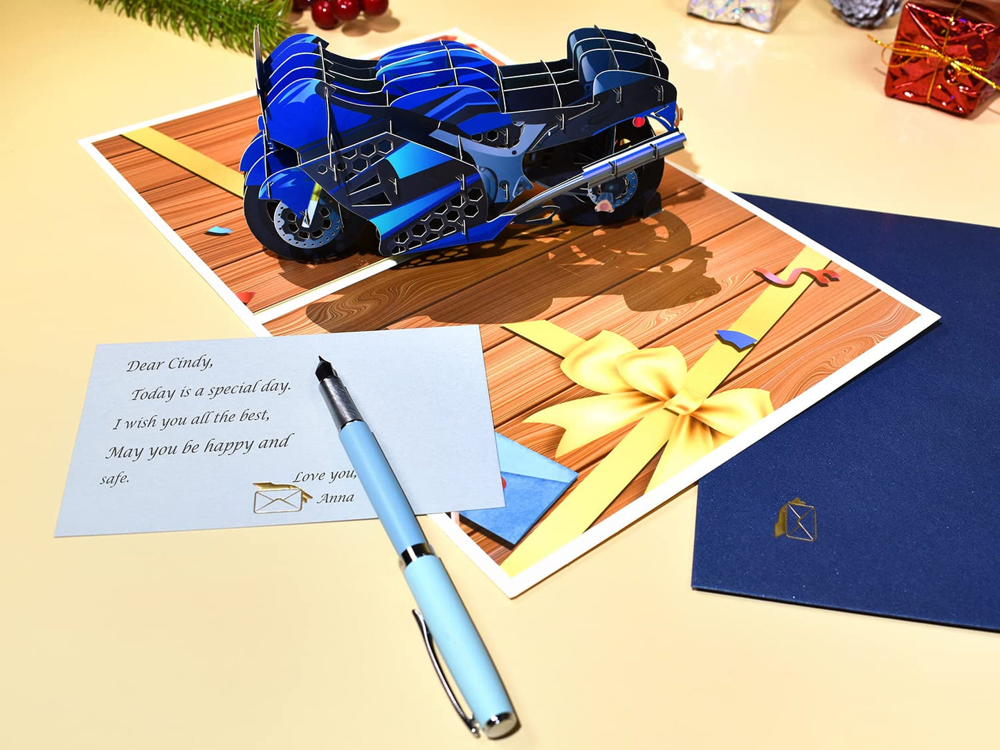 Blue Racing Motorcycle 3D Pop Up Greeting Card