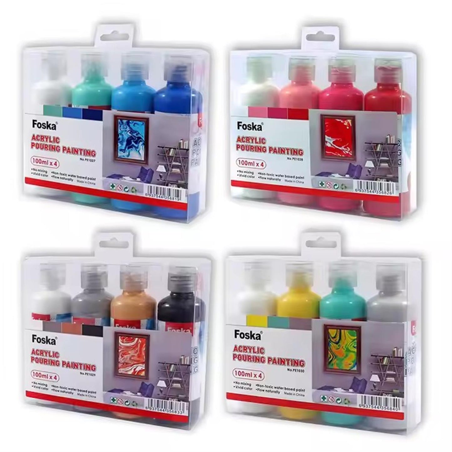Pack of 4 Acrylic Pouring Paints 100ml- White, Green, Light Blue, Dark Blue