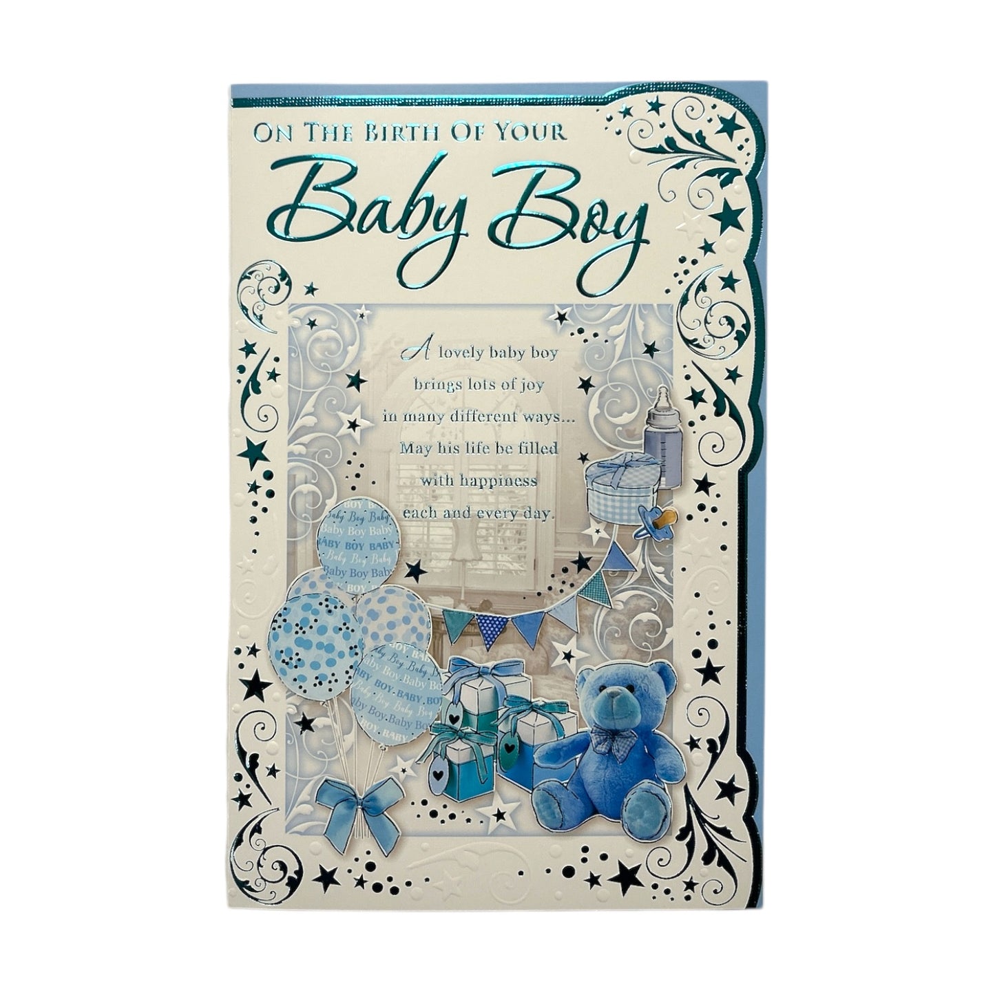 On The Birth Of Baby Boy Blue Balloons And Teddy Design Opacity Congratulations Card