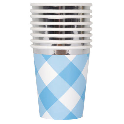 Pack of 8 Blue Gingham 1st Birthday 9oz Paper Cups