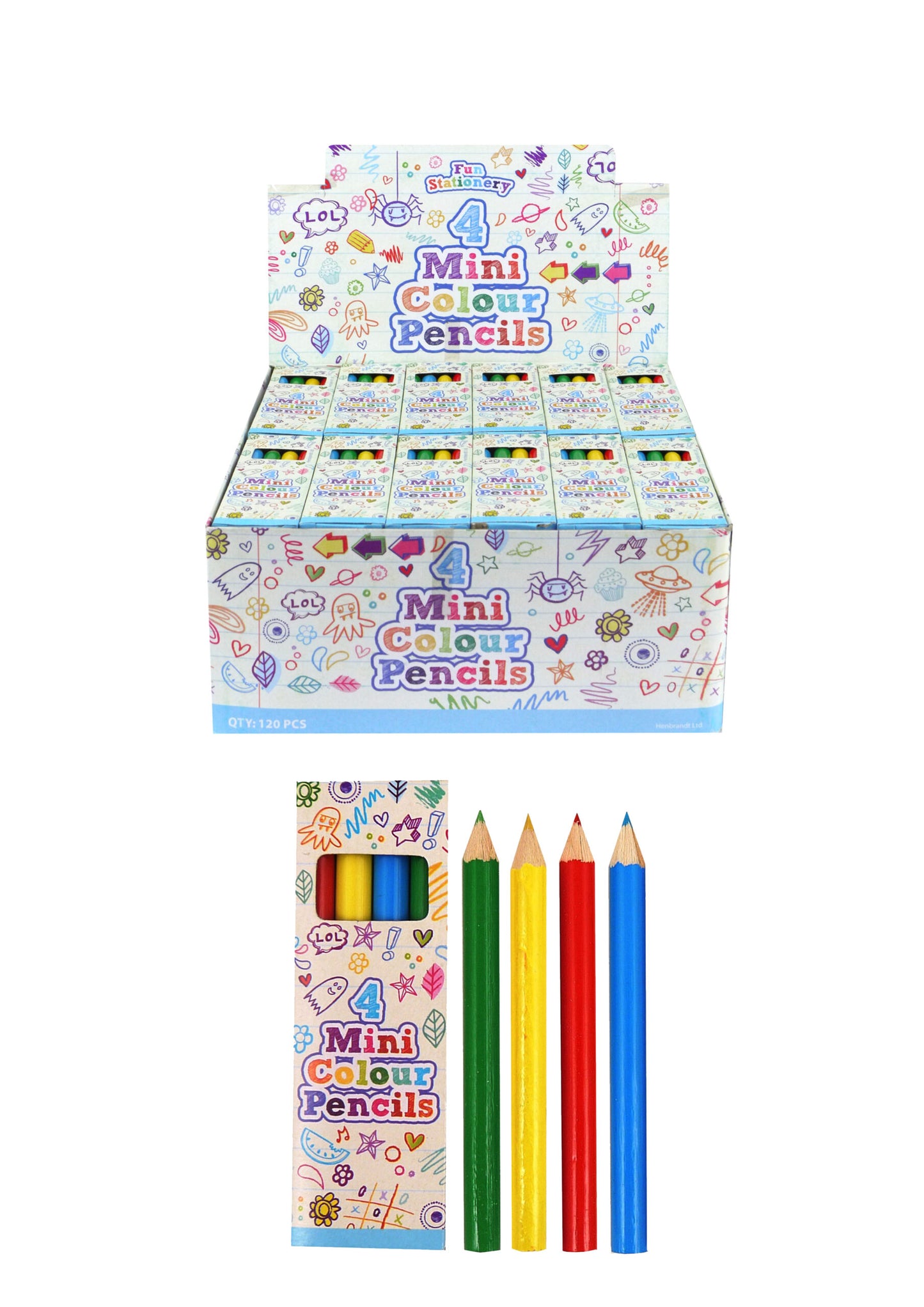 120 X Pack of 4 8.5cm Mini Colouring Pencils
