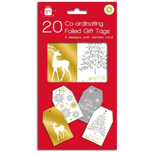Pack of 20 Foiled Gift Tags with Co-ordinating Metallic Cord