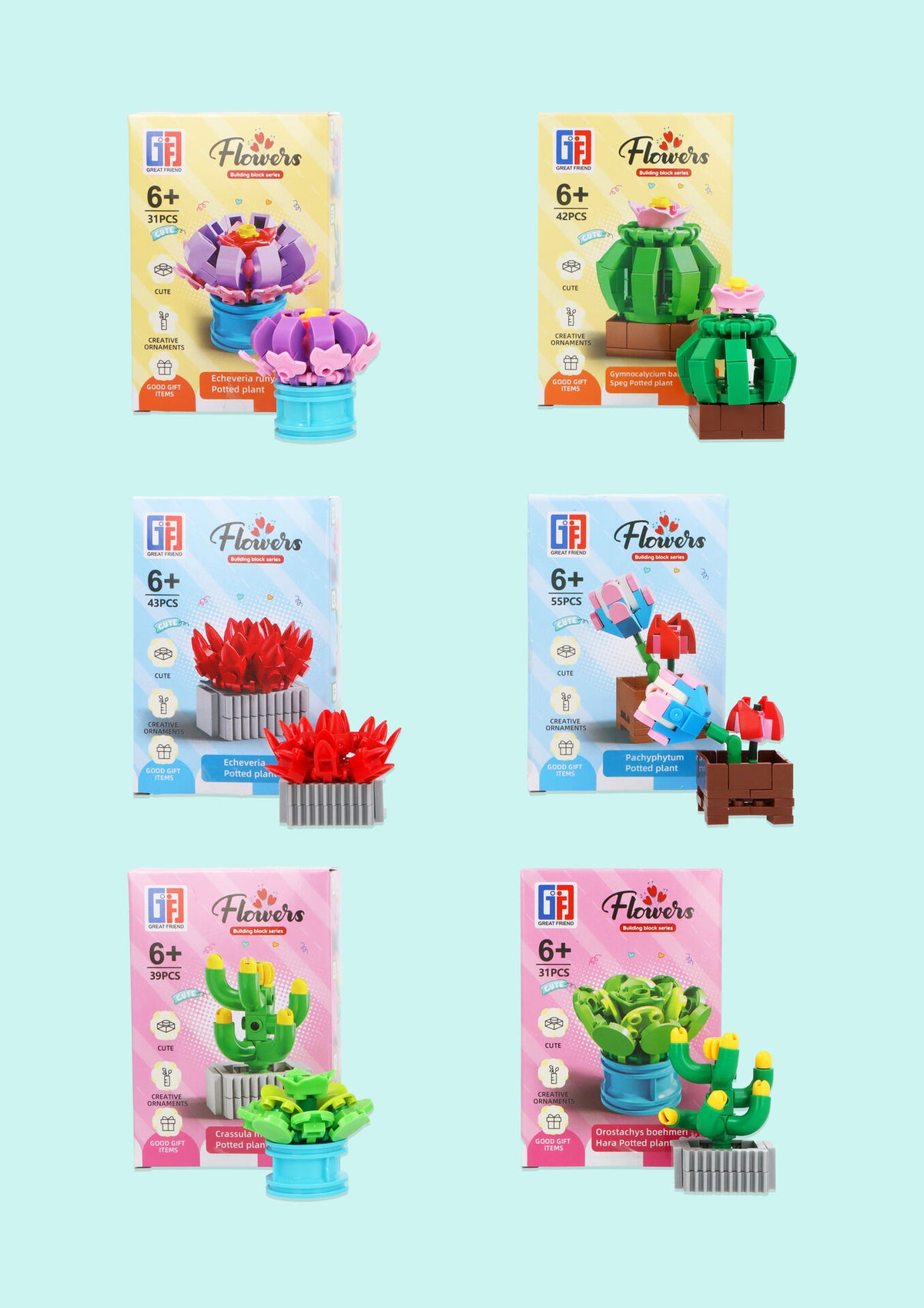 Pack of 3 Potted Plant Lego Block Kit - Construction Toys Party Favours Stocking Fillers 