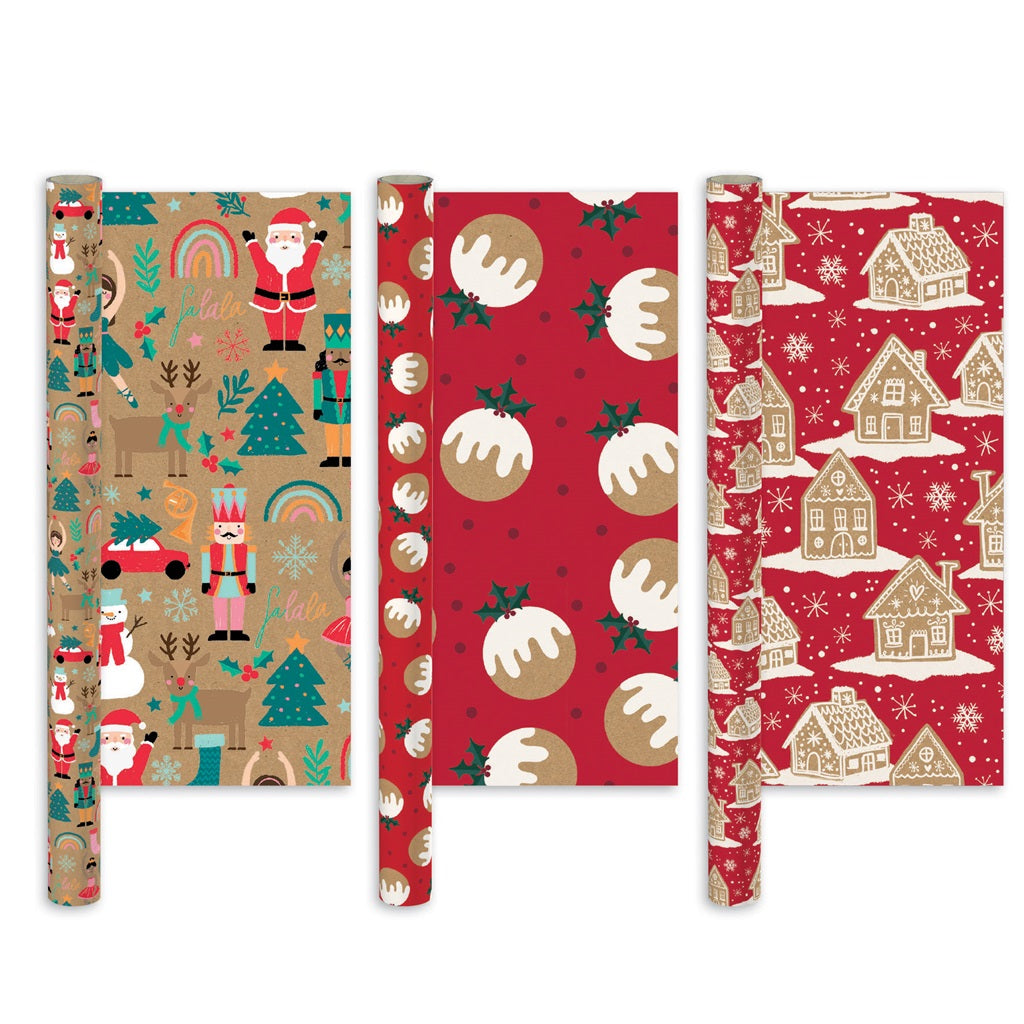 Pack of 3 Festive Kraft Christmas Gift Wrapping Papers 2m x 69cm