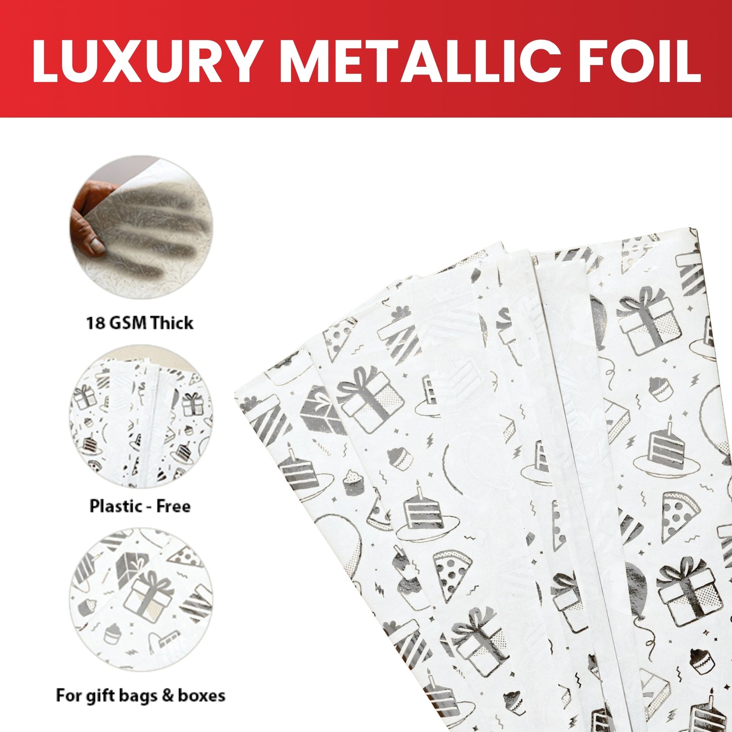 6 x Pack of 10 Birthday Luxury Silver Metallic Plastic-Free 18gsm Tissue Paper Sheets 50x70cm - Patterned Tissue Paper for Xmas, New Year, Party, Wedding, Birthday Packing Present Gift Box DIY Art Crafts