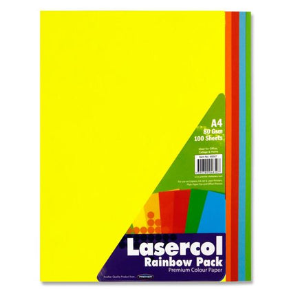 Pack of 100 Sheets A4 80gsm Rainbow Assorted Colour Paper by Lasercol