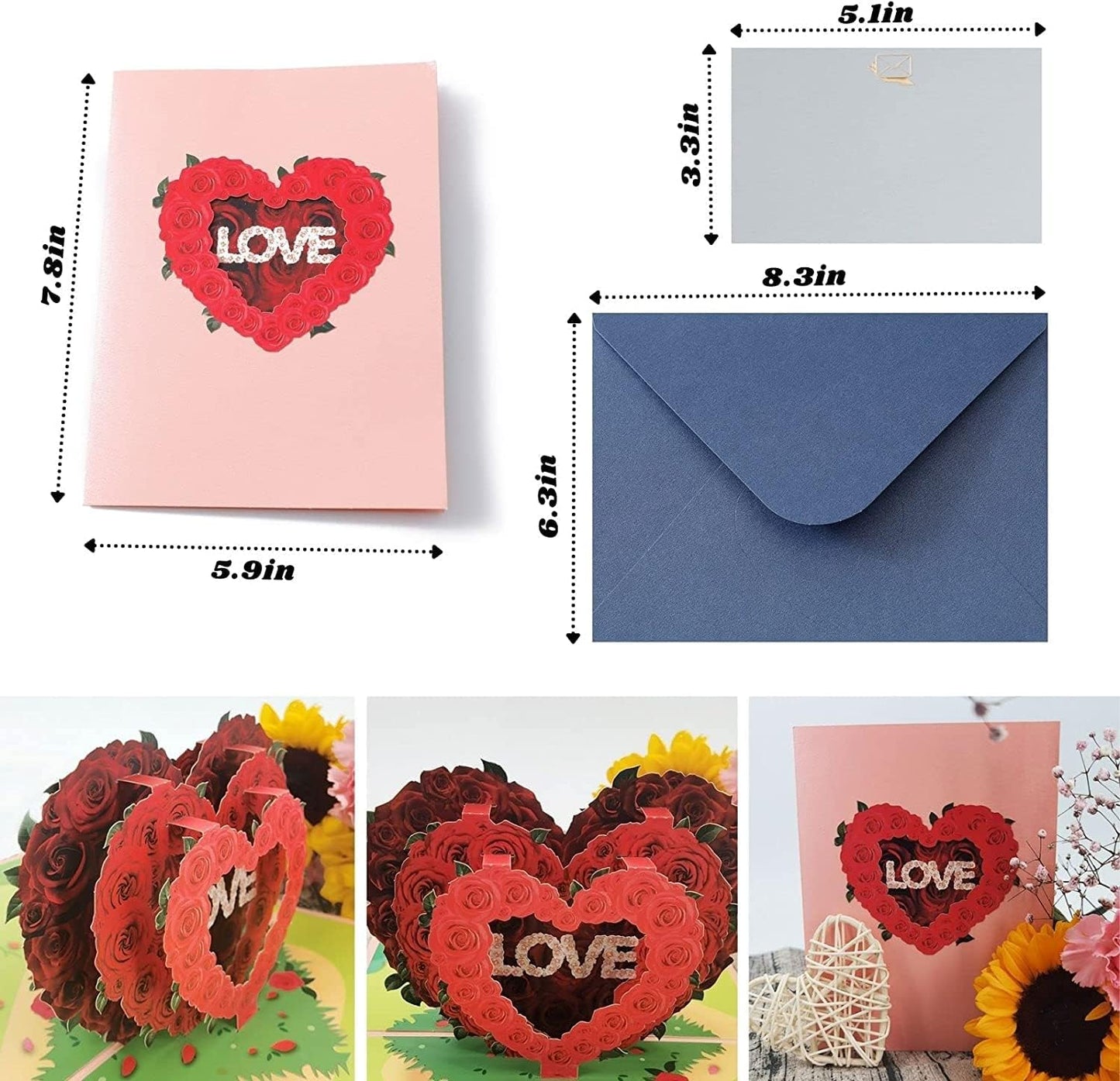 Triple Rose Heart "LOVE" 3D Pop Up Greeting Card