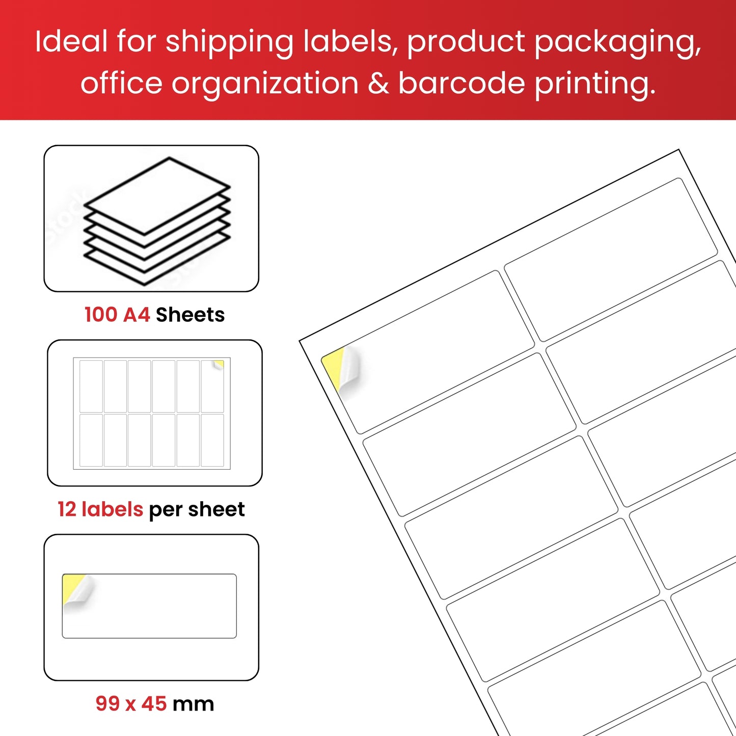 Pack of 1200 White 99x45mm Self Adhesive Labels (12 Labels per A4 Sheet)