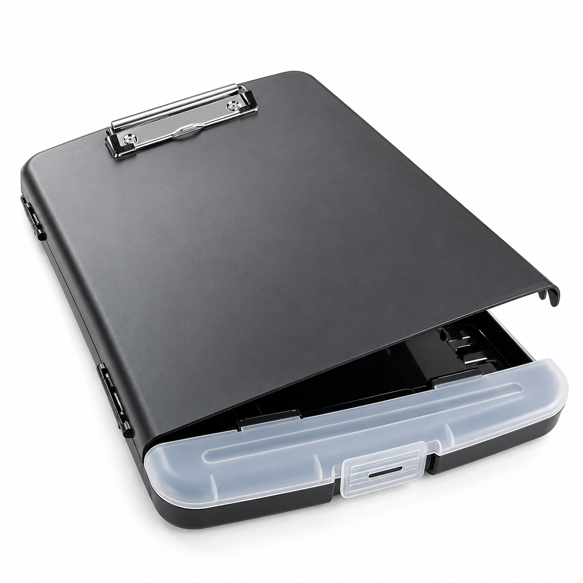 Pack of 12 A4 Black Plastic Clipboard Box Files With Pencil Holder - Storage Filing Case