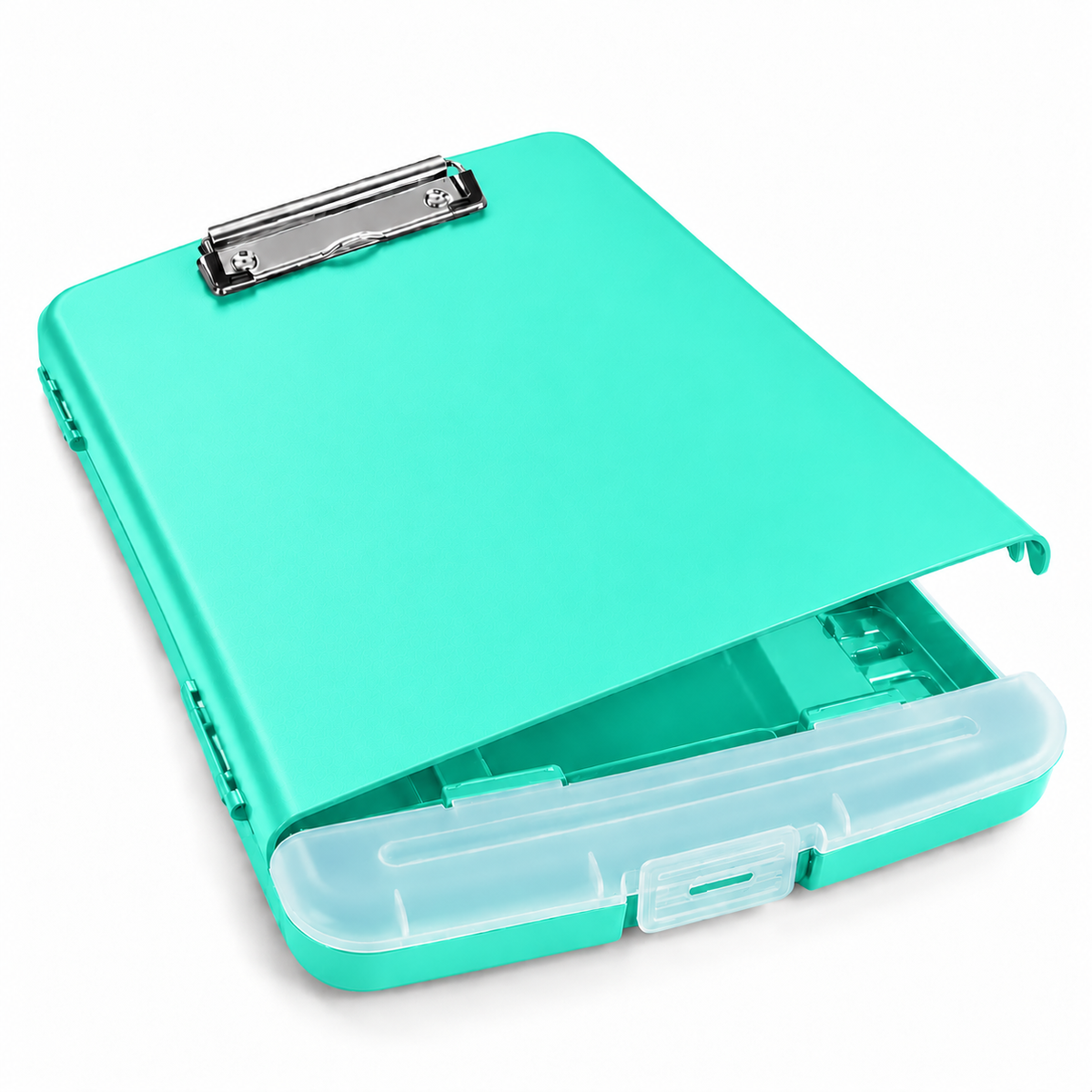 Pack of 12 A4 Cyan Green Plastic Clipboard Box Files With Pencil Holder - Storage Filing Case