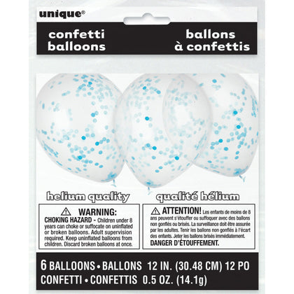 Pack of 6 Clear Latex Balloons with Powder Blue Confetti 12