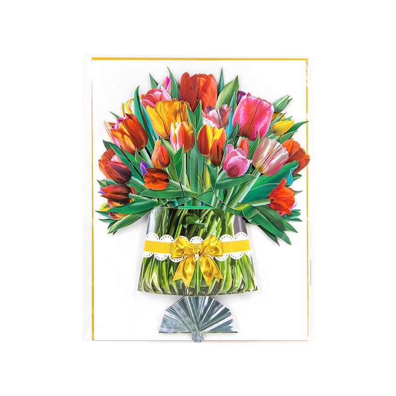 Colorful Tulip Bouquet with Ribbon Bow Design 3D Pop Up Card