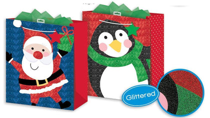 Pack of 12 Extra Large Christmas Gift Bags with Glitter, Rope Handle & Tag - Cute Santa