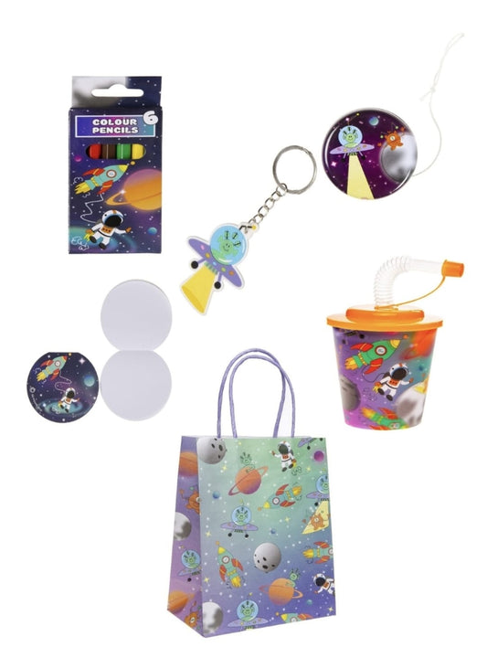Pack of 10 Pre Filled Space Theme Kids Party Favour Bags – Gift Bags with Reusable Cup & Themed Toys