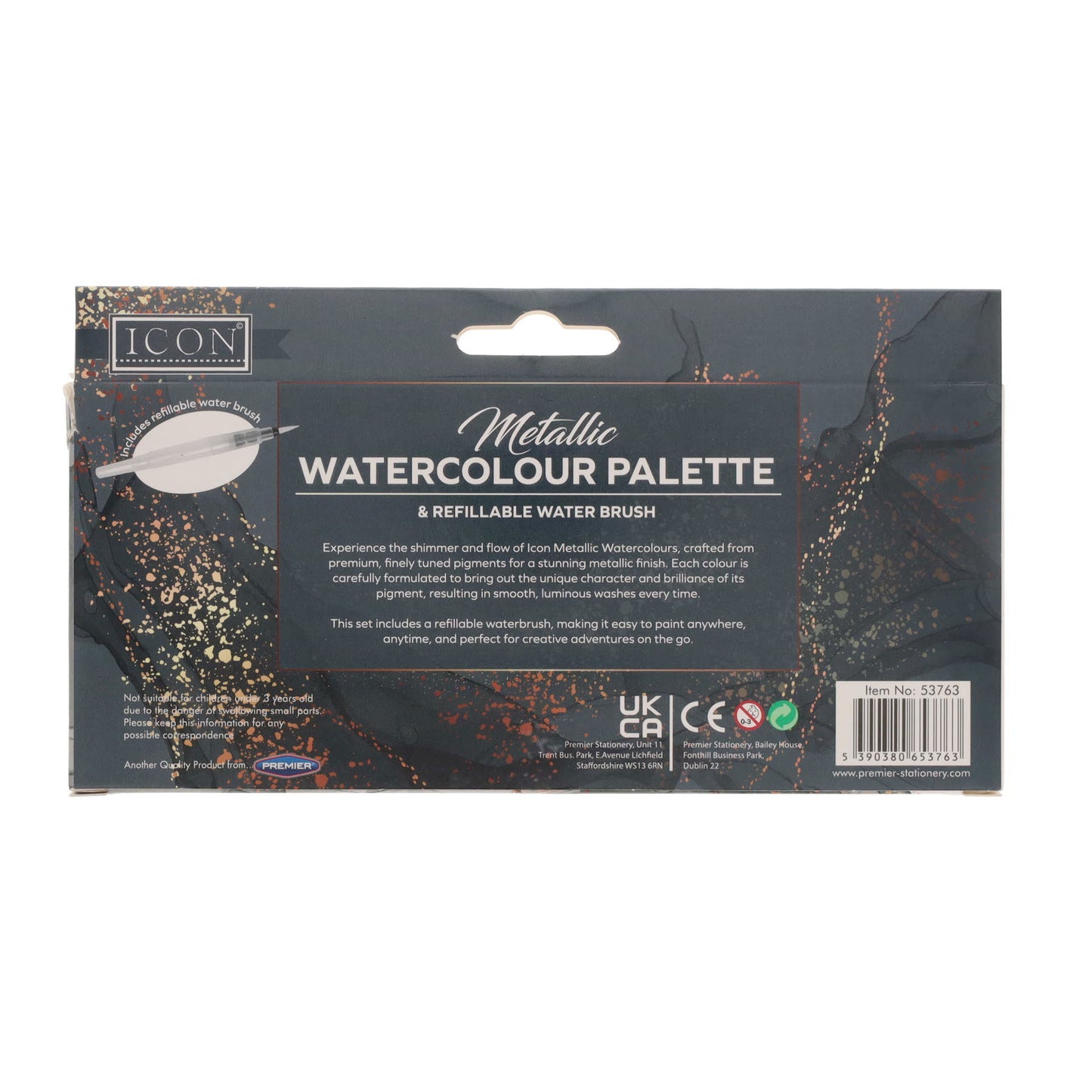 Pack of 6 Pastel Metallic Watercolour in Palette & Refillable Water Brush by Icon