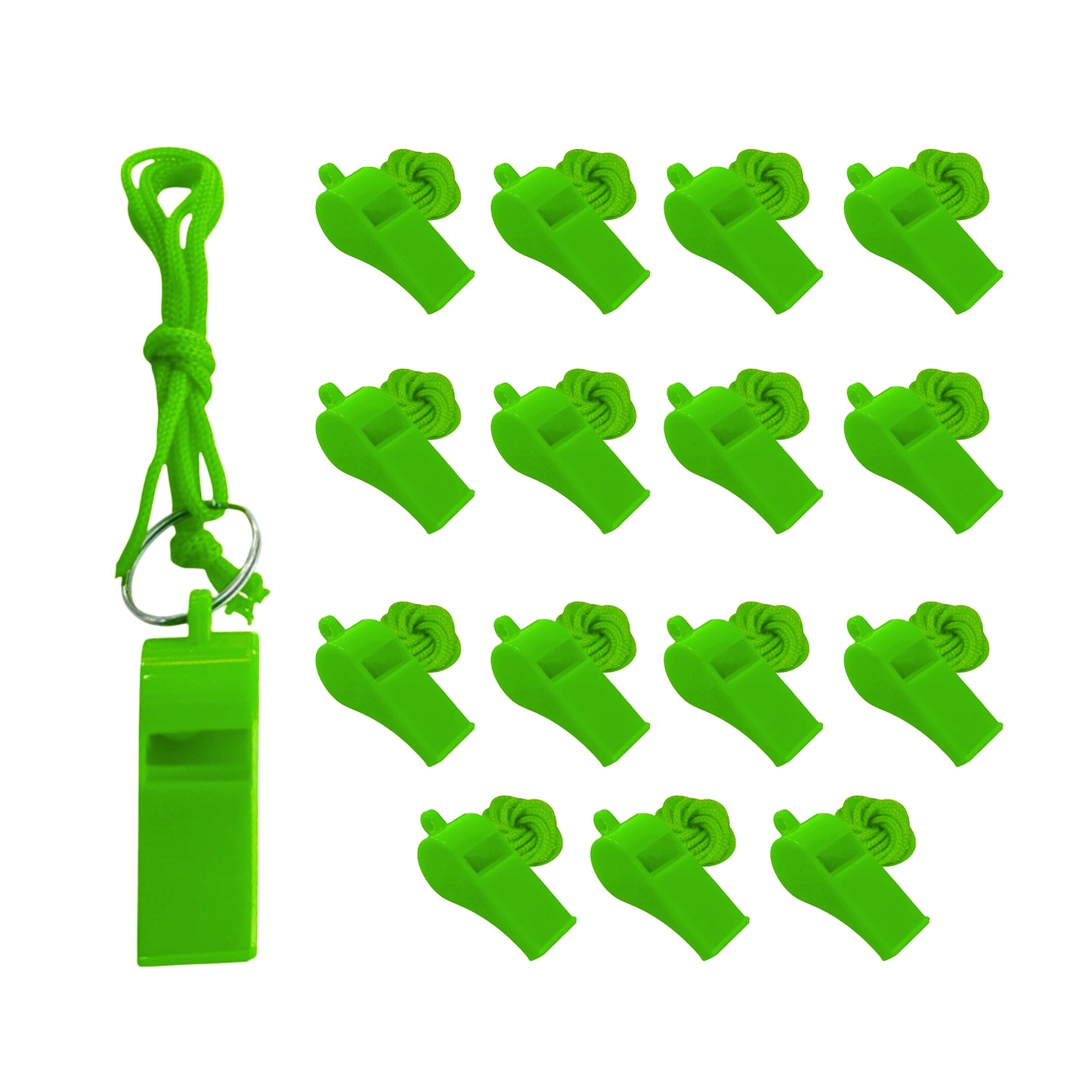 Pack of 15 Green Plastic Whistles with Lanyard Neck Cord