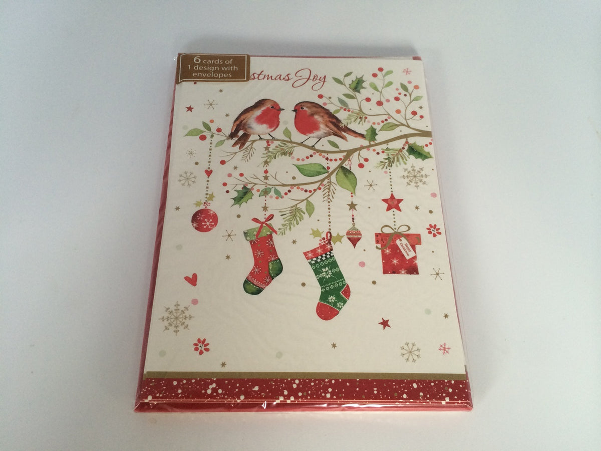 Pack of 6 'Tree Robins & Present' Design Christmas Greeting Cards 