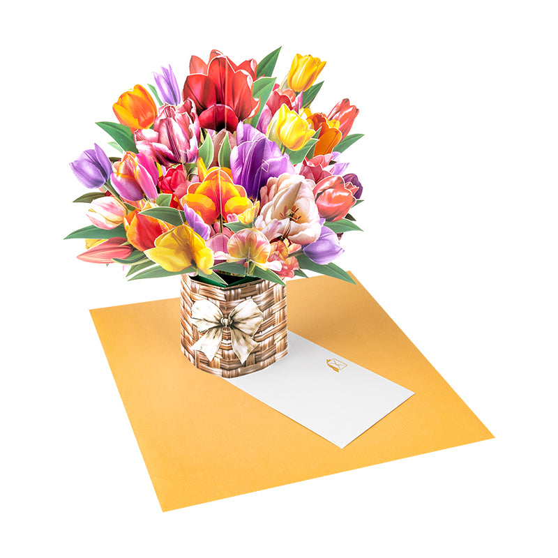 Petals of Joy Tulip Basket 3D Pop Up Greeting Card - Mother's Day Birthday Wedding Anniversary 