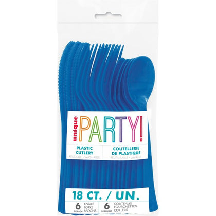 Pack of 18 Royal Blue Solid Assorted Plastic Cutlery