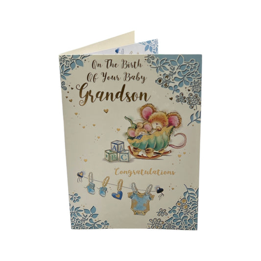 On Birth Grandson Cute Mouse With Alphabet Blocks Design Congratulations Card