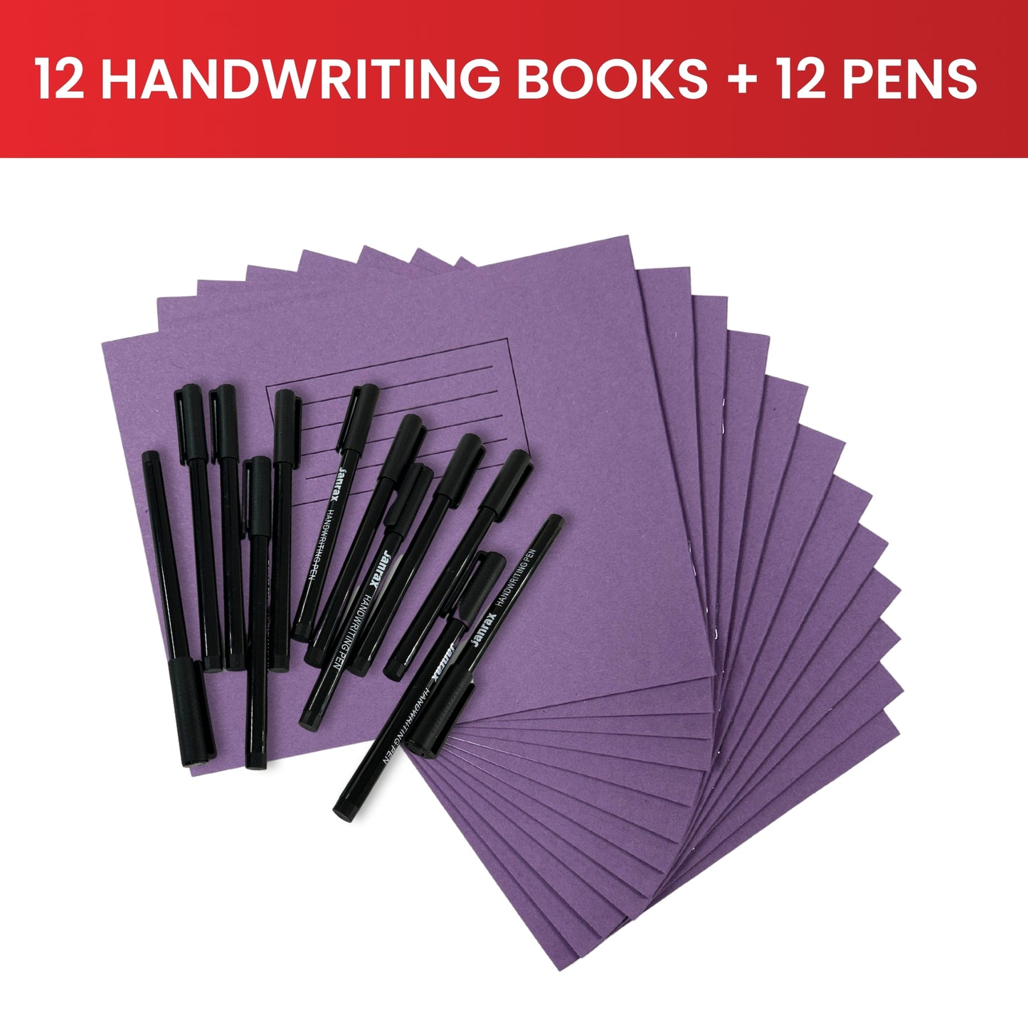 Set of 12 165x200mm Handwriting Books with 12 Black Handwriting Pens